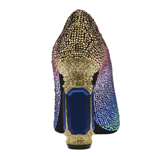 FSJ Women Crystal Chunky High Heel Pumps Closed Pointed Toe Sexy Block Heels with Rhinestones Slip On Bridal Party Wedding Dress Shoes Size 4-16 US3