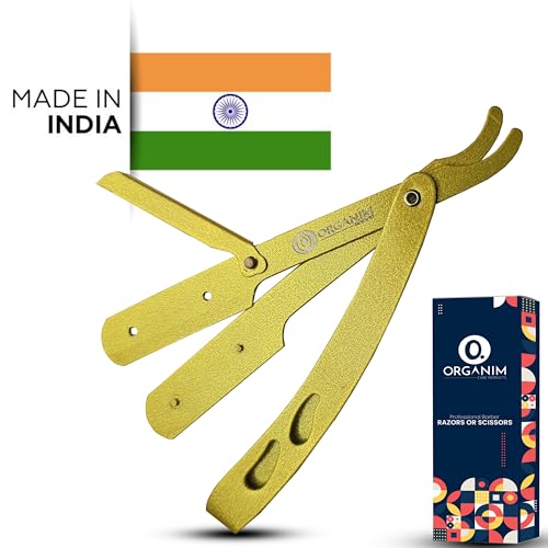 Image of ORGANIM Barber Shaving Ustra for Men | Professional Stainless Steel Foldable Straight Razor | Salon-Style Manual Beard Trimming & Shaving Ustra (Gold Finish)