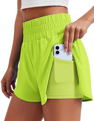 PINSPARK Womens Running Shorts Soft Compression Liner Athletic Shorts High Waisted Workout Gym Shorts Tennis Active Shorts with 2 Pockets Neon Green Medium