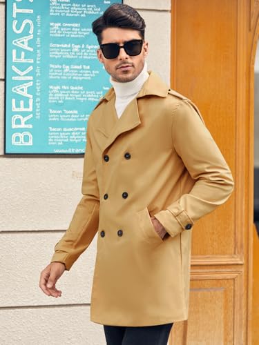 Image of Gafeng Mens Double Breasted Trench Coat Notched Lapel Casual Slim Fit Long Windbreaker Overcoat