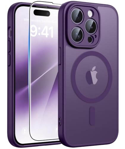 Image of FNTCASE for iPhone 14-Pro Case Purple: Translucent Compatible with MagSafe | With Screen Protector, Magnetic Camera Protection Slim Protective, 14FT Military Grade Drop Tested, Matte Shockproof Cover