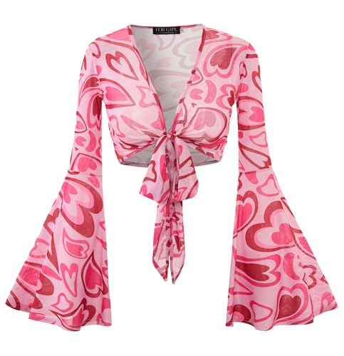 Image of For G and PL Women Tie Front Bell Sleeve Rave Crop Tops Floral Print Hippie Mesh Sheer Shirt