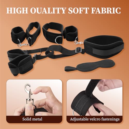 Image of Sex Bondage Wrist & Thigh Cuffs BDSM Restraints Set,Sex Toys for Women Neck to Wrist Restraints Bondage Set,Adjustable Leg Straps Handcuffs,Handcuffs Collar,Blindfold for Bed SM Games Couple Play
