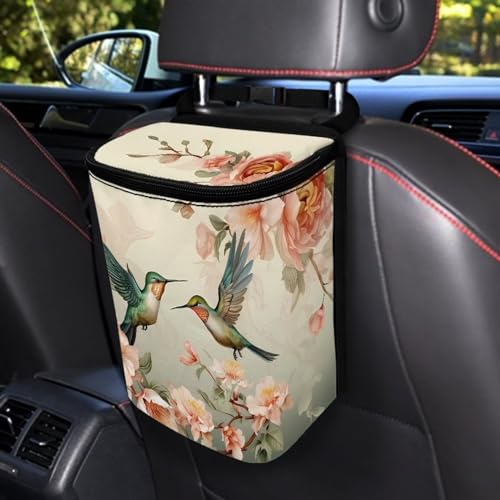 Image of Retro Hummingbird Car Trash Bag Bin Hanging Leak Proof Reusable Automotive Garbage Can with Lid,Durable Car Accessories Auto Organizer and Storage
