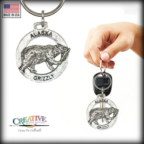 Alaska Grizzly Bear with Salmon Keychain, A626KC, 1 1/2”, Pewter, Metal, Souvenir, 100% Handmade in The USA, Alaskan Travel Keychain, Key Chain, Key Ring, Key Fob, Gift, 20+ Alaskan Designs Available3