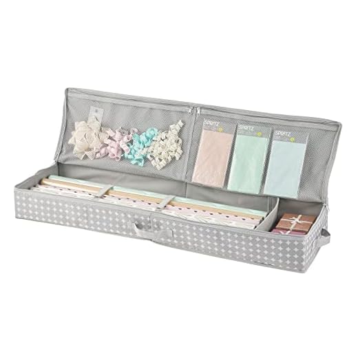 mDesign Soft Fabric Gift Wrap Underbed Organizer - Low Profile, Attached 2-Way Zippered Lid, Side Handles, 2 Pockets, Inside Straps, Stores Long Rolls of Gift Wrap - Gray