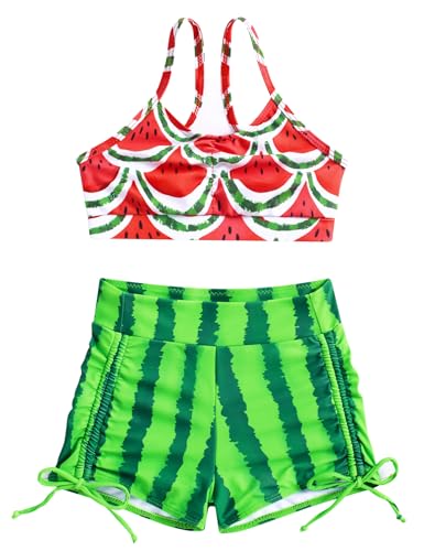 Image of Funnycokid Girls Swimsuit 3 Pieces Zip Rash Guard Bathing Suits Set Kids Bikini Boyshort Summer Swimwear 3-14 Years