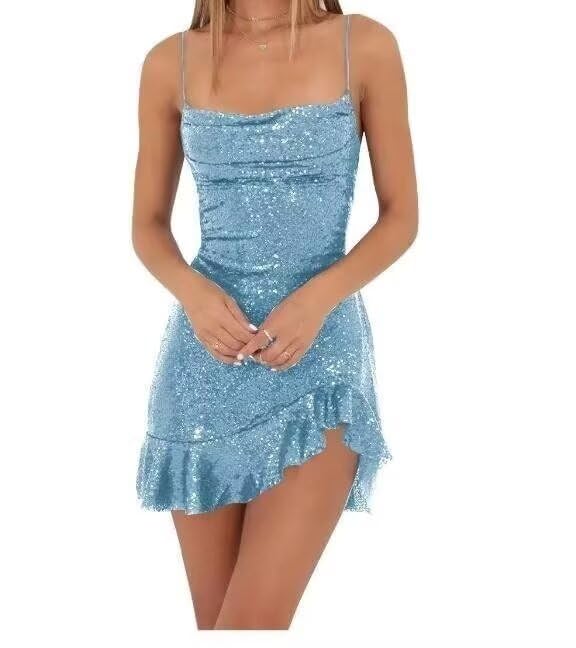 MiwiNovia Sequin Homecoming Dresses for Teens 2025 Cowl Neck Short Formal Dress Spaghetti Straps Ruffle Party Dress MN726