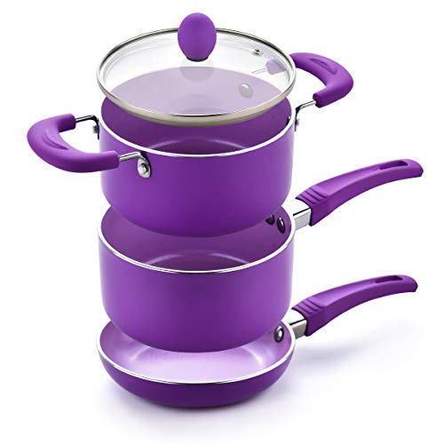 Caannasweis 3 Piece Cookware Set, 5.5" Nonstick Frying Pan, sauce pan and soup pan with glass lid set (Purple)…