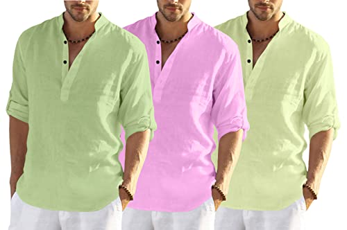 Image of Men's Cotton Blend Combo Short Kurta with Mandarin Collar Neck Full Sleeves Solid Pattern Curved Hemline Regular Fit and Standard Length (Pack of 3)