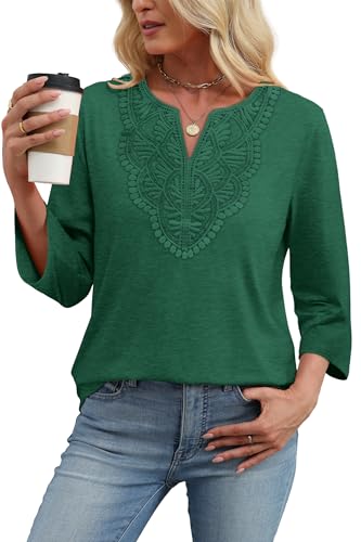 Image of WIHOLL 3 /4 Length Sleeve Womens Tops Boho V Neck Lace Shirt Trendy Blouses Dressy Casual Vacation Clothes S-3XL