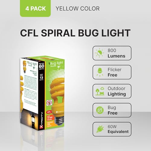 Image of Xtricity Yellow Bug Light Bulbs Compact Fluorescent T2 Spiral, E26 Base, 13W (60W Equivalent), 800 Lumens, Outdoor, CFL, 120V - UL Listed (4 Pack)