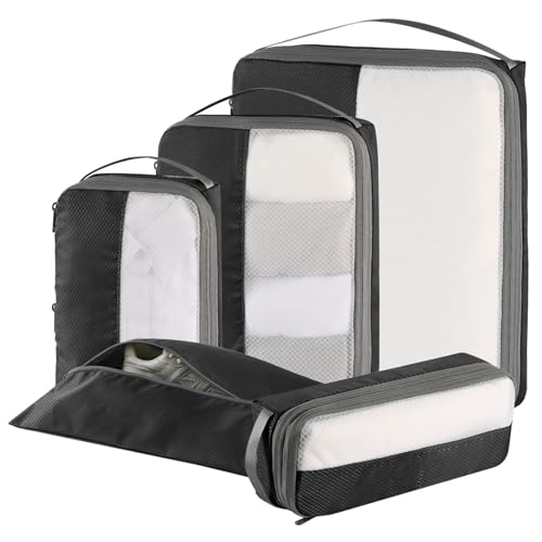 kookoomia Organizador Maletas, 5 Piezas Compression Packing Cubes, Bolsas Organizadoras Maleta Viaje, Impermeable Resistente Ultraligero Extensible (Negro)