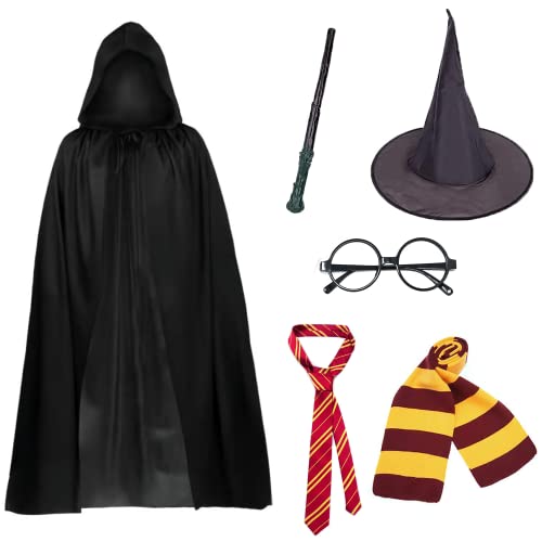 Sasifeni Conjunto de 6 peças de fantasia de mago para adultos, fantasia do Dia Mundial do Livro para homens e mulheres, fatos de Halloween para adultos, inclui capa preta com capuz, cachecol, varinha,
