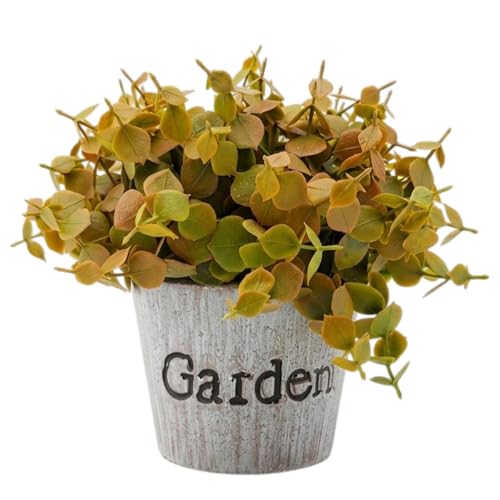 Image of Garden Art Artificial Coin Leaf Eucalyptus Bush in inchGarden inch Planter - Decorative Faux Plant for Desk, Shelf, Table & Office Decoration | Realistic Greenery Home Decor Plant (P-0226Golden)