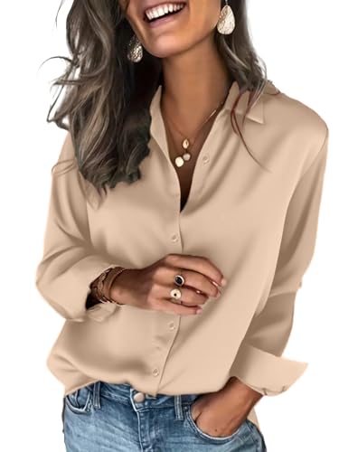 Zeagoo Chemise Femme Chic et Élégante Satin à Manches Longues Soie Revers à Boutons Chemisiers Ample Fluide Hauts Casual Affaires Shirts Marron Clair S