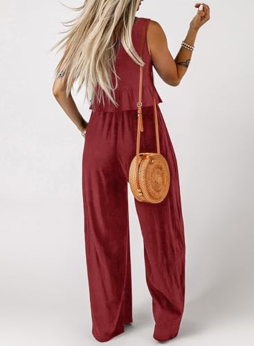 Image of Dokotoo Womens 2 Piece Outfits Tank Tops Elastic Waist Wide Leg Pants Sets | Sleeveless,Wide Leg,Loungewear Set,Cruise Travel Outfits,Beach Vacation Clothes,With Pocket