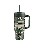 40 oz Camo Tumbler with Handle, 2-in-1 Straw and Sip Lid, Leakproof, Dishwasher Safe, Insulated Stainless Steel Travel Coffee Mug, Keeps Cold for 34 Hours, Fits in Car Cupholder (Woodland Flag)
