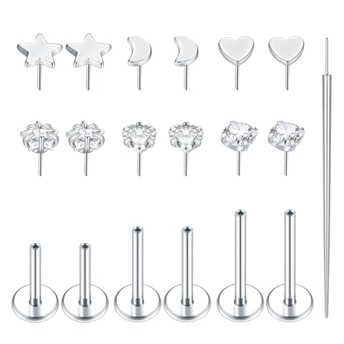 Aumeo 16G 18G Nose Rings Studs Threadless Flat Back Earrings Moon Star Lip Studs Heart CZ Medusa Nostril Tragus Helix Conch Piercing Jewelry 6mm 8mm 10mm Bar Length (Silver, 18G)