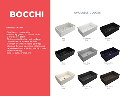 Bocchi Contempo Farmhouse Apron Front Fireclay 33 In. Single Bowl Kitchen Sink With Protective Bottom Grid And Strainer In White #TOP4