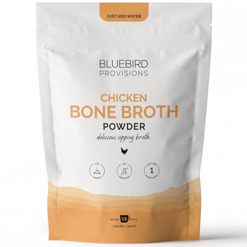 BLUEBIRD PROVISIONS Chicken Bone Broth Powder - Low Sodium Savory Protein Powder - Carnivore Protein Powder with 12 g Protein - Gut Healing and only 130 mg Sodium - Just 2 Ingredients - 7.1 oz