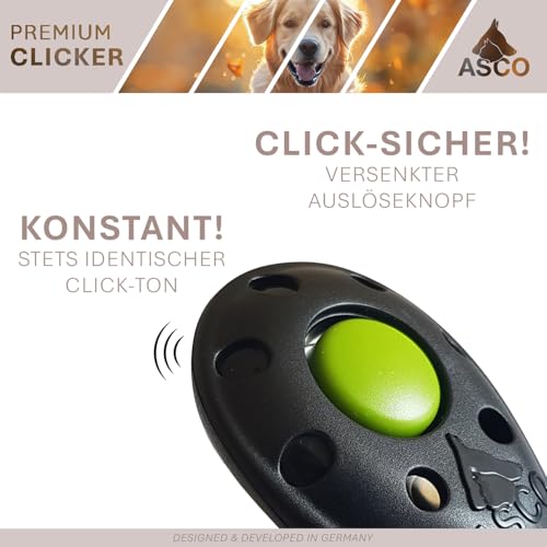 ASCO Premium Clicker, Hunde und Katzen Klicker für professionelles Clickertraining mit Stretcharmband, schwarz, ASCO-01PA