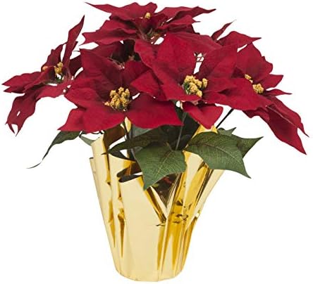 Gift Boutique 16 Inch Poinsettia Flowers Plant Pot Artificial Red Christmas Poinsettias Silk with Gold Foil Wrap for Home & Garden Decorations