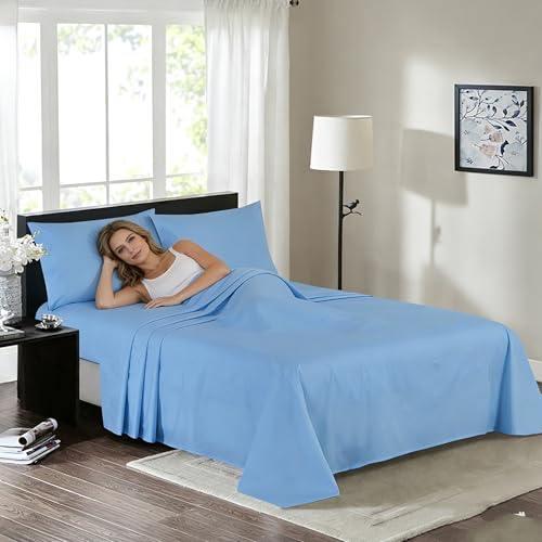 Image of 100% Cotton Percale Sheets Twin Size - 200 Thread Count, Breathable & Crisp Cool, Deep Pocket up to 17 inch Fitted Sheet, 3-Piece Bedding Set Hotel-Luxury Feel Bed Sheet Set(Blue, Twin)