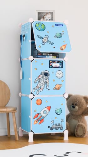 Image of BOXJOY 6 Shelf Plastic Kids Wardrobe with 3 Doors, Sticker Sheet & Holder