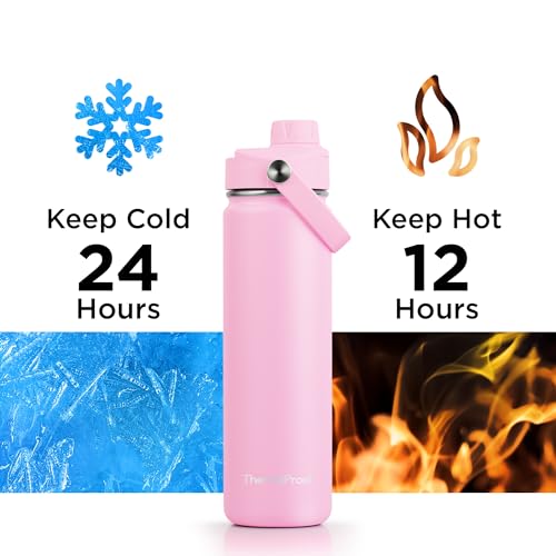 Image of ThermoProof Double-Walled Vacuum Insulated Stainless Steel Water Bottle - Wide Mouth with Chug & Spout Lids, Dishwasher Safe, Reusable, Leakproof, Hot & Cold for Men, Women & Kids - 22oz, Pink