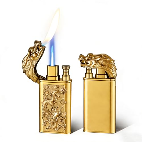 Encendedor de doble llama con forma de dragón en relieve, resistente al viento y ajustable, rellenable con butano, cuerpo de metal portátil, adecuado for velas, camping y regalos (sin butano).(Gold)