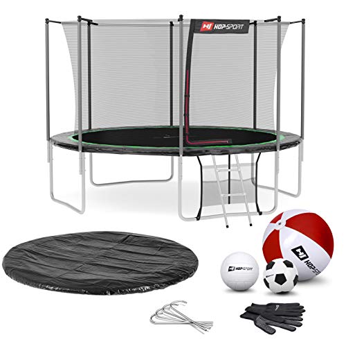 Hop-Sport Trampolin Outdoor Ø 366 cm – Gartentrampolin Komplettset mit stabilen U-Beinen, innenliegendem Netz, Sprungtuch und Leiter sowie Extra-Zubehör, schwarz/grün