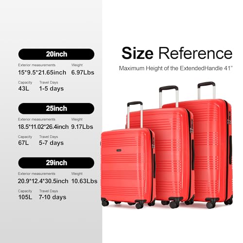 GinzaTravel 3 Piece Expandable Luggage Sets 20/24/29 inch Durable Suitcase Sets with Double Spinner Wheels TSA Lock For Travel Trips,Red - Image 3
