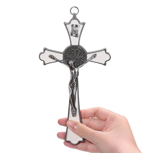 Cruz de pared blanca de San Benito, decoración religiosa y regalo de fe