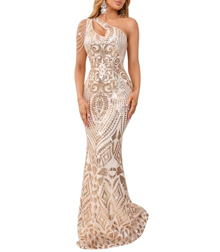 Image of Cololura Women Sequin Elegant Sexy One Shoulder Tassel Mermaid Bodycon Cocktail Evening Dress