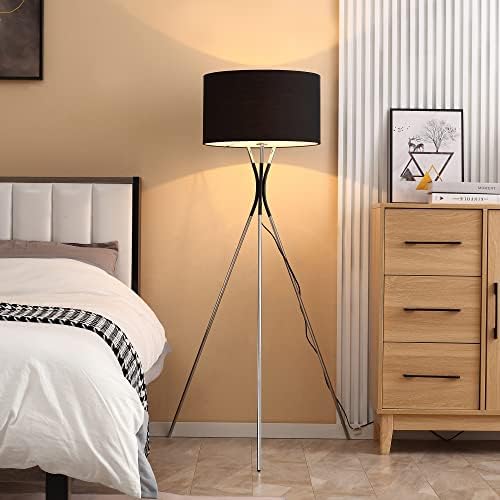 HOMCOM Modern Tripod Floor Lamp, Free Standing Light with Metal Frame, Fabric Lampshade and E27 Base for Living Room, Bedroom, Office, 146cm, Black