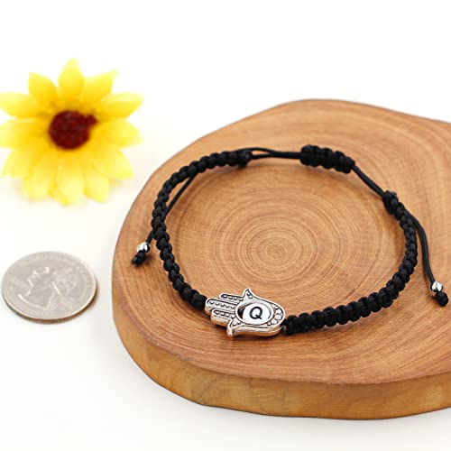 Image of Uloveido Customized A to Z 26 Letters Hand of Fatima Bracelet - Fatima Hamsa Hand Evil Eye Protection Bracelet Lucky Charm Adjustable Braided Black String