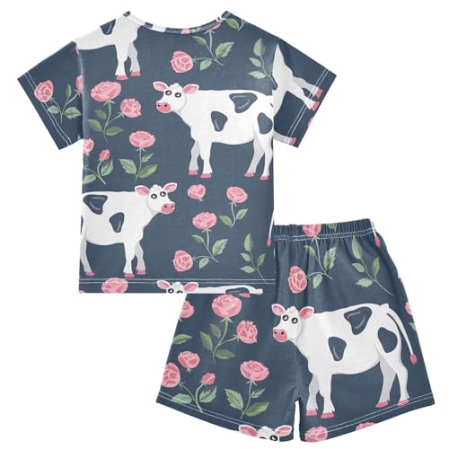 ALAZA Cow Rose Flower Floral Funny Pajamas Short Sleeve 2 Piece Sleepwear Top and Bottom Pajama Set Unisex2
