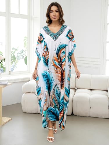 Image of IMAGEKOPE Women's Plus Size Loose Fit Moroccan Print V-Neck Batwing Kaftan Beach Dress Bathing Suit Cover Up