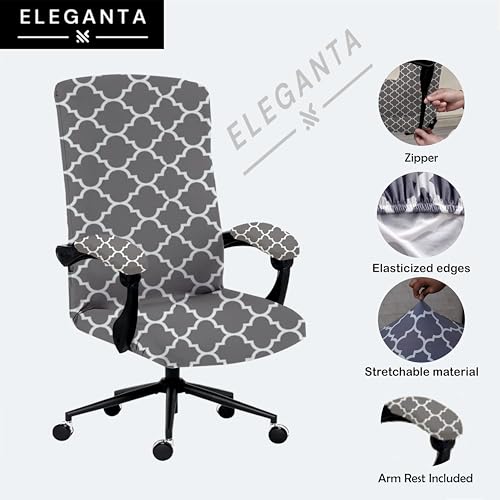 Image of Eleganta Stretch Boss Office Chair Cover Printed Computer Chair Covers with Armrest Cover Universal Removable Spandex Rotating Chair Slipcovers Soft Desk Chair Seat Protector Grey Diamond (Pack of 8)