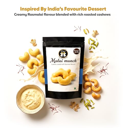 Image of DRIYOZ Malai Munch Rasmalai Flavoured Cashews 250g | Premium Crunchy Kaju Coated with Creamy Malai Granules | Gourmet Indian Sweet Snack for Gifting, Festivals & Celebrations