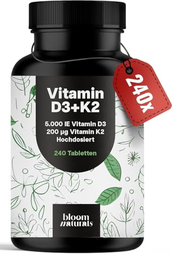 Vitamin D3 K2 hochdosiert 240 Tabletten mit 5000 IE D3 & 200 g K2 99 7+% All-Trans K2-MK7 - Vitamin D - produziert in Deutschland - Verpackung kann variieren