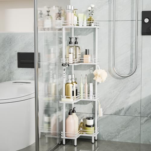 Image of Consumest Corner Shower Caddy Standing - 4-Tier Stainless Steel Shower Organizer with Soap Holder and 4 Hooks, Large Capacity Corner Shelf Stand for Bathroom, Rest Room, White