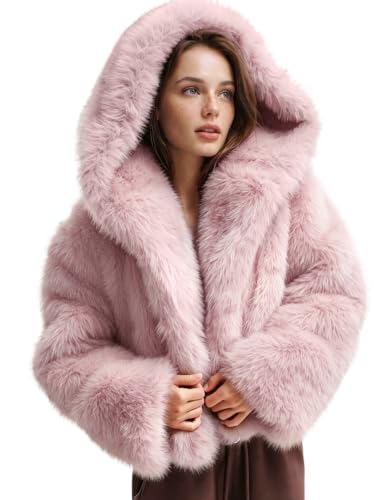 Yimoon Women's Faux Fur Coat with Hood Warm Winter Fur Jacket(Pink-M)
