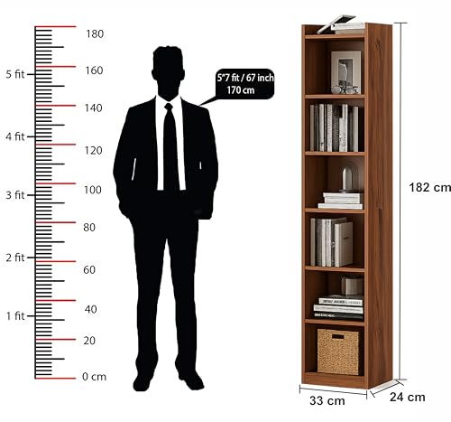 Image of Enigmatic Woodworks Wooden Large Open Bookshelf Multipurpose for Home Rack Showcase Organizer for Living Room I Study Room I 7-Tier I Finish-Suede DIY (Walnut) 33 * 24 * 182cm