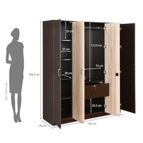 Image of Nilkamal Willy 4 Door Wooden Wardrobe Without Mirror for Bedroom | Almirah with 12 Shelves, 1 Hanging Rod, 1 Lockable Drawer | Clothes Cupboard | Engineered Wood | Wenge & Sonoma Oak