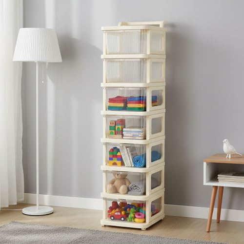Image of Aliensware 7Layer Plastic Storage Drawer Organizer with Wheels, Modular Cabinet for Home, Office, School, Hospital, Parlor, Morden Kitchen, Clothes, Toys Organiser for Kids Room-Aliens-Clear Ivory