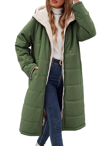 Tuopuda Winterjacke Damen Lang Warm Winter Stehkrage Teddyjacke Wasserdicht Reversibel Sherpa Daunenjacke Winddichter Daunenmantel Parka Pufferjacken Herbst Winter Geschenk für Frauen, Armeegrün, XL