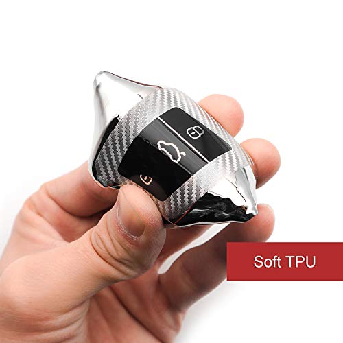 M.JVisun Soft Carbon Fiber Finish Car Key Fob Cover for Volkswagen Arteon Atlas Golf Alltrack Jetta Passat Tiguan for Skoda Kodiaq Superb A7 Electroplated TPU Case with Metal Keychain - Silver