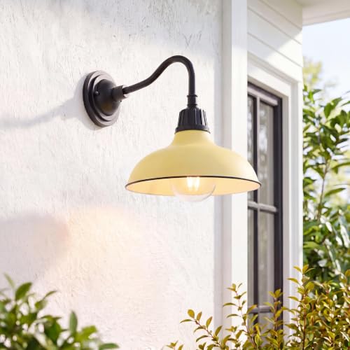 Image of JONATHAN Y 12.25 inch Matte Yellow /Black 1-Light Farmhouse Industrial Outdoor Sconce, LED Gooseneck Wall Light for Porch, Metal Bowl Shade, Dimmable Vintage Exterior Fixture, LED Bulb Included (JYL7613H)